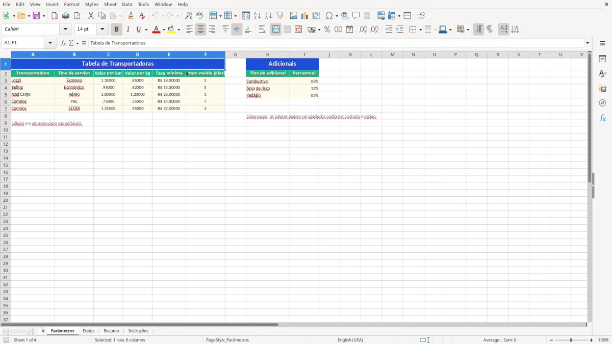 Captura 1: aba Parâmetros - Planilha Excel calculo frete