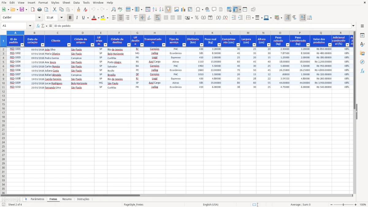 Captura 2: aba Fretes - Planilha Excel calculo frete
