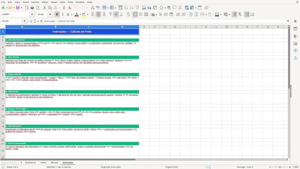 Instruções – Cálculo de Frete no Excel