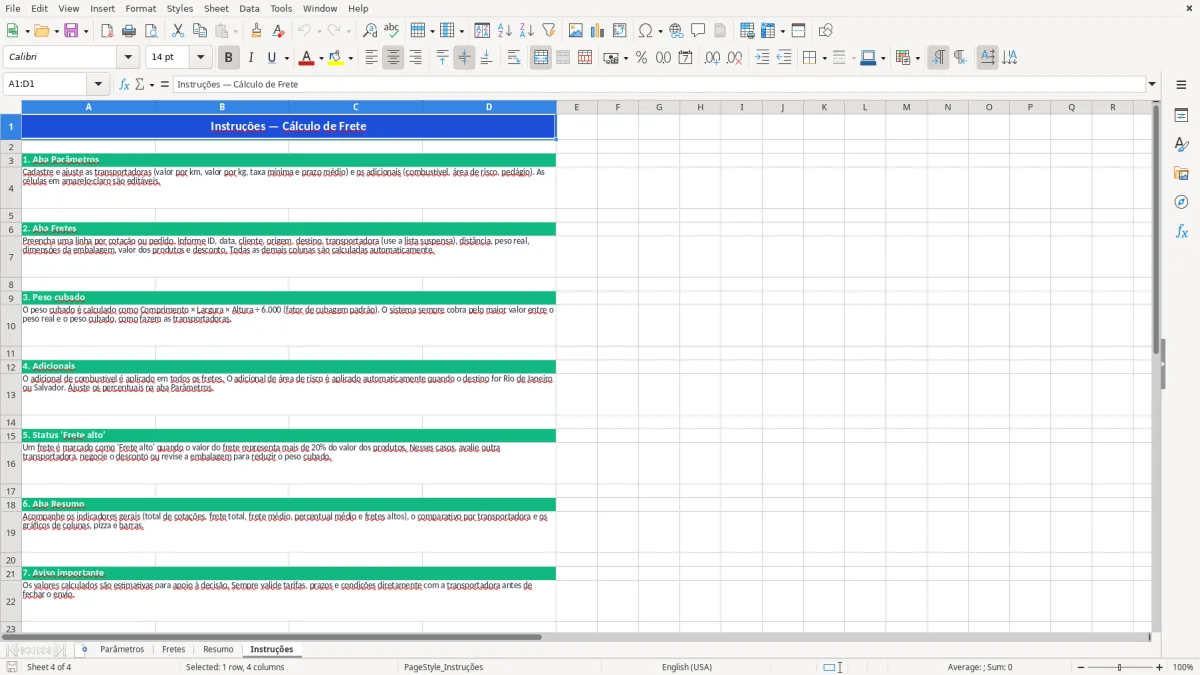 Captura 4: aba Instruções - Planilha Excel calculo frete