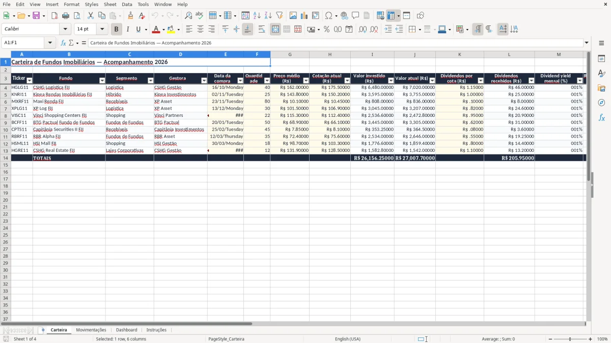 Captura 1: aba Carteira - Planilha Excel fundos imobiliarios
