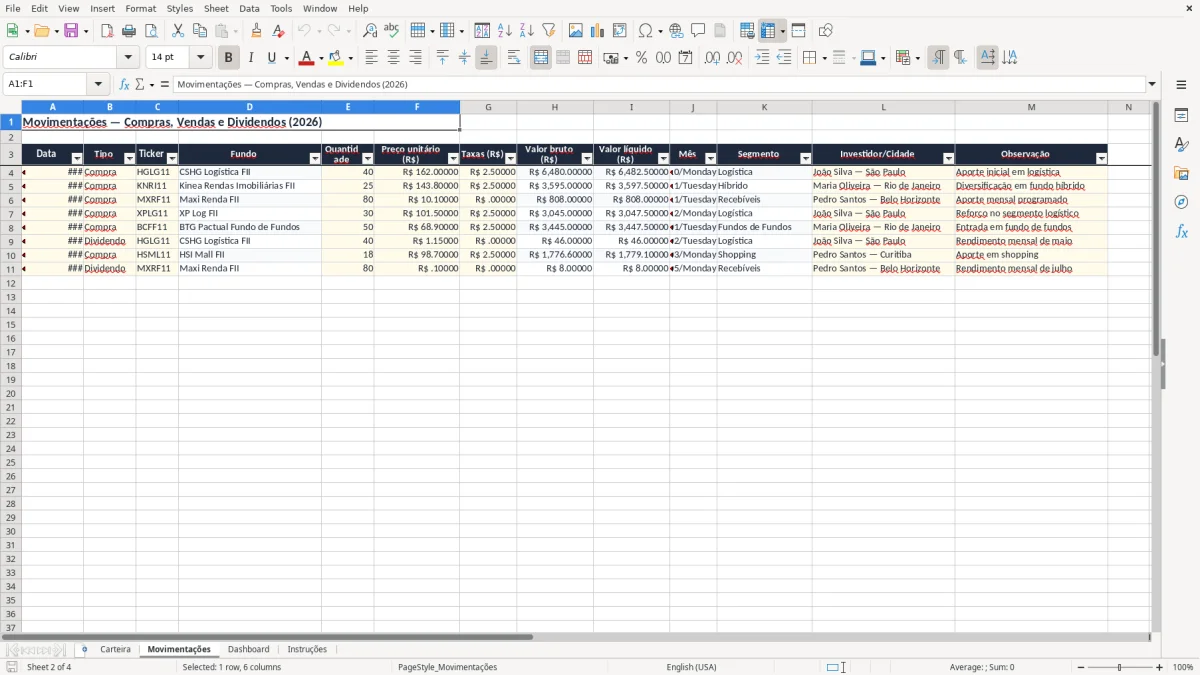 Captura 2: aba Movimentações - Planilha Excel fundos imobiliarios