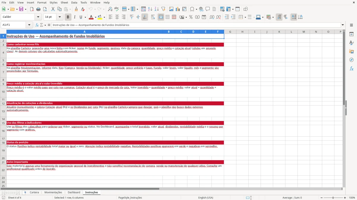 Captura 4: aba Instruções - Planilha Excel fundos imobiliarios