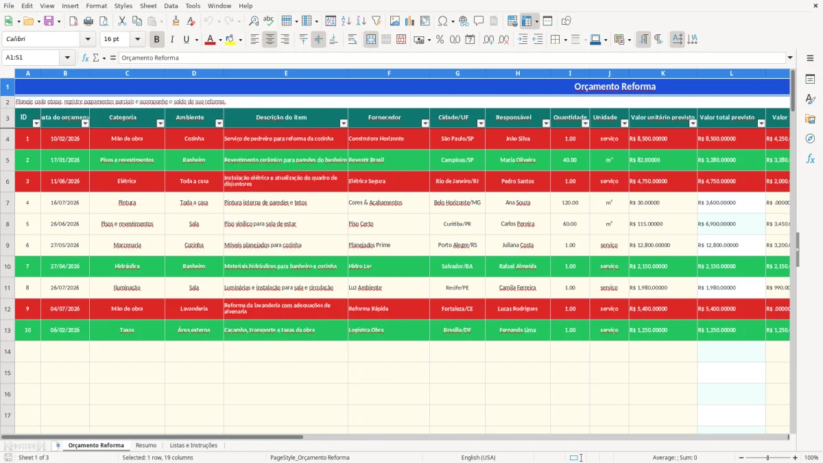 Captura 1: aba Orçamento Reforma - Planilha Excel orcamento reforma