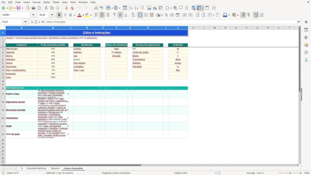 Listas e Instruções – Orçamento de Reforma Excel – Planilha Grátis (2026)