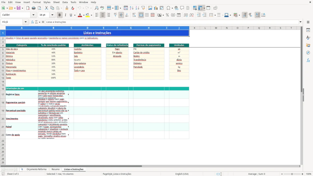 Captura 3: aba Listas e Instruções - Planilha Excel orcamento reforma