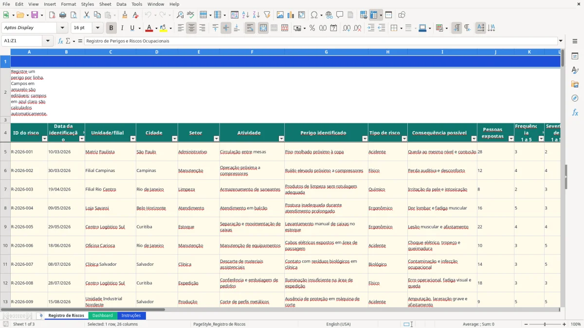 Captura 1: aba Registro de Riscos - Planilha Excel perigos e riscos