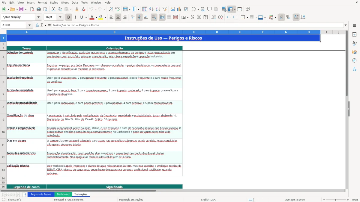 Captura 3: aba Instruções - Planilha Excel perigos e riscos