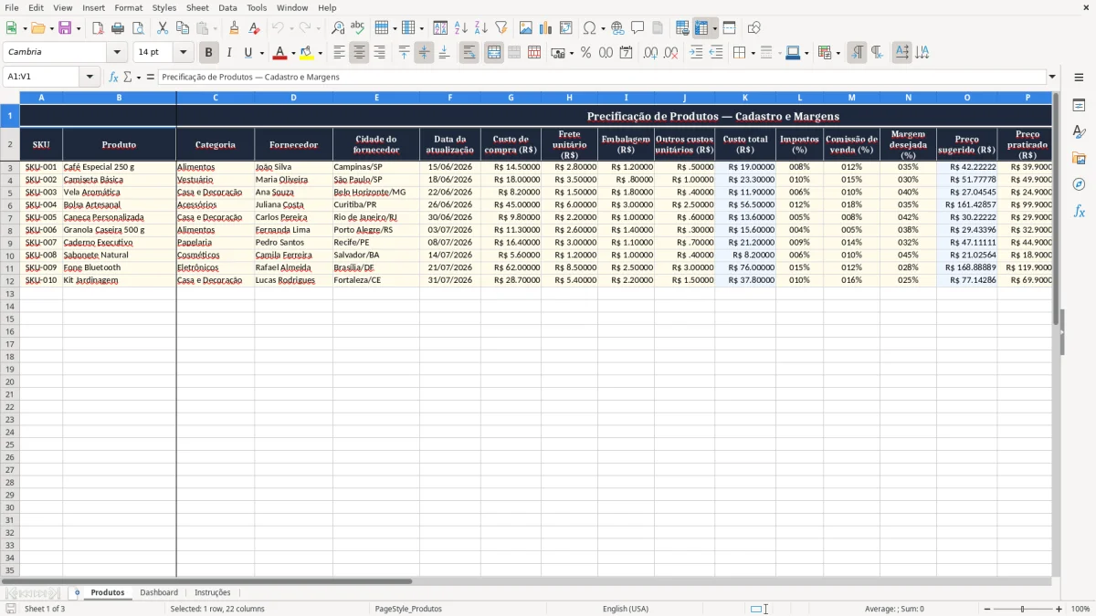 Captura 1: aba Produtos - Planilha Excel precificacao de produtos