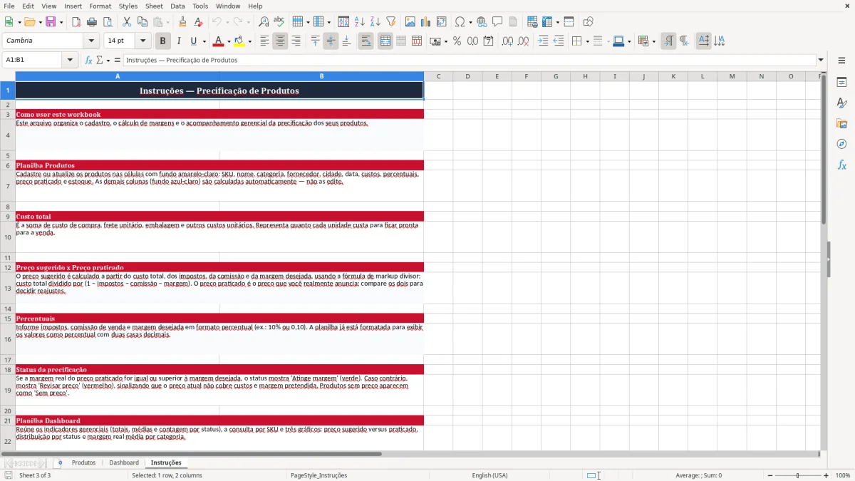 Captura 3: aba Instruções - Planilha Excel precificacao de produtos