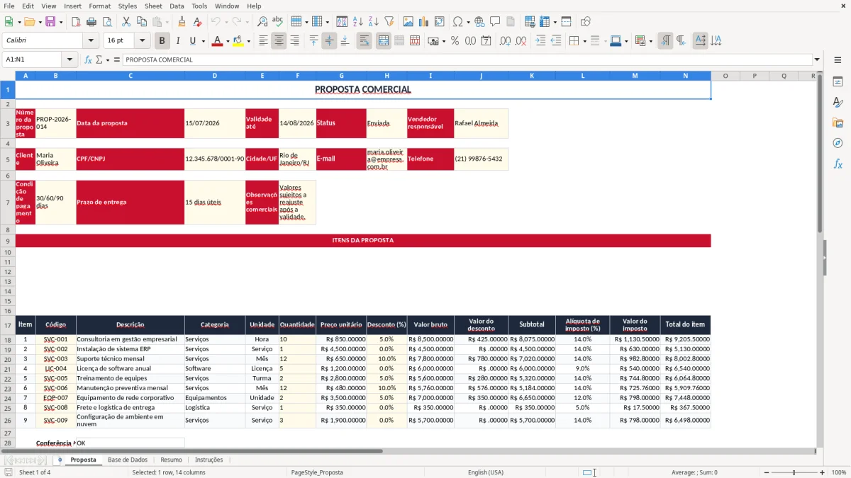 Captura 1: aba Proposta - Planilha Excel proposta comercial