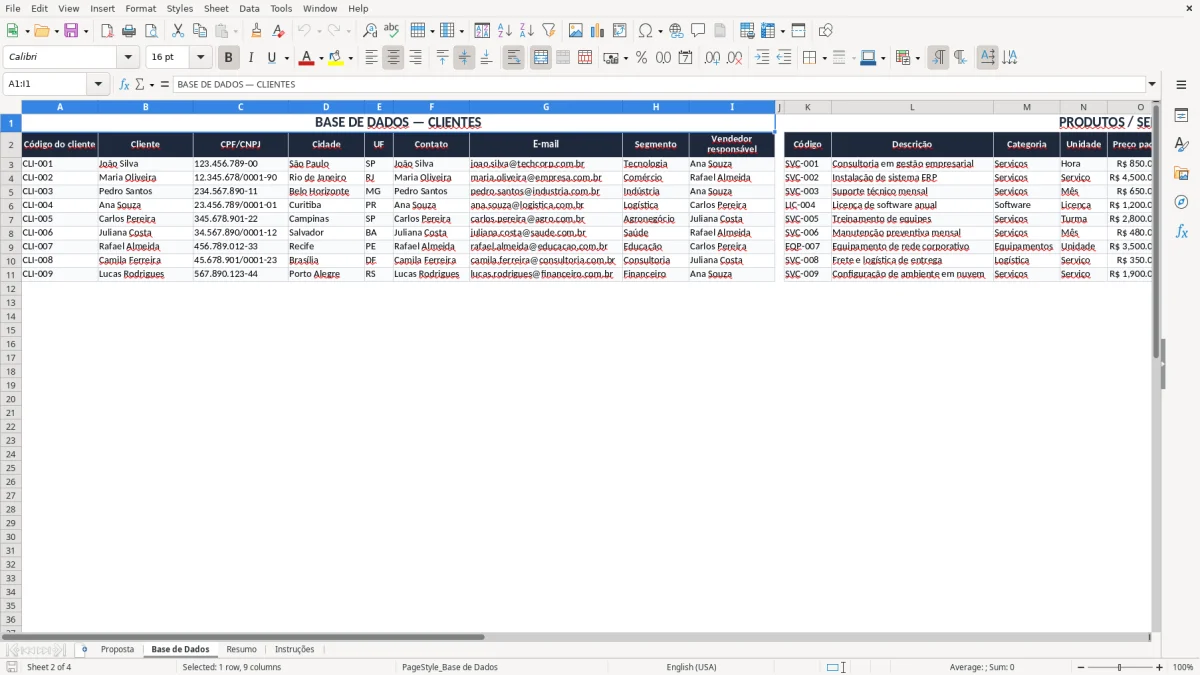 Captura 2: aba Base de Dados - Planilha Excel proposta comercial