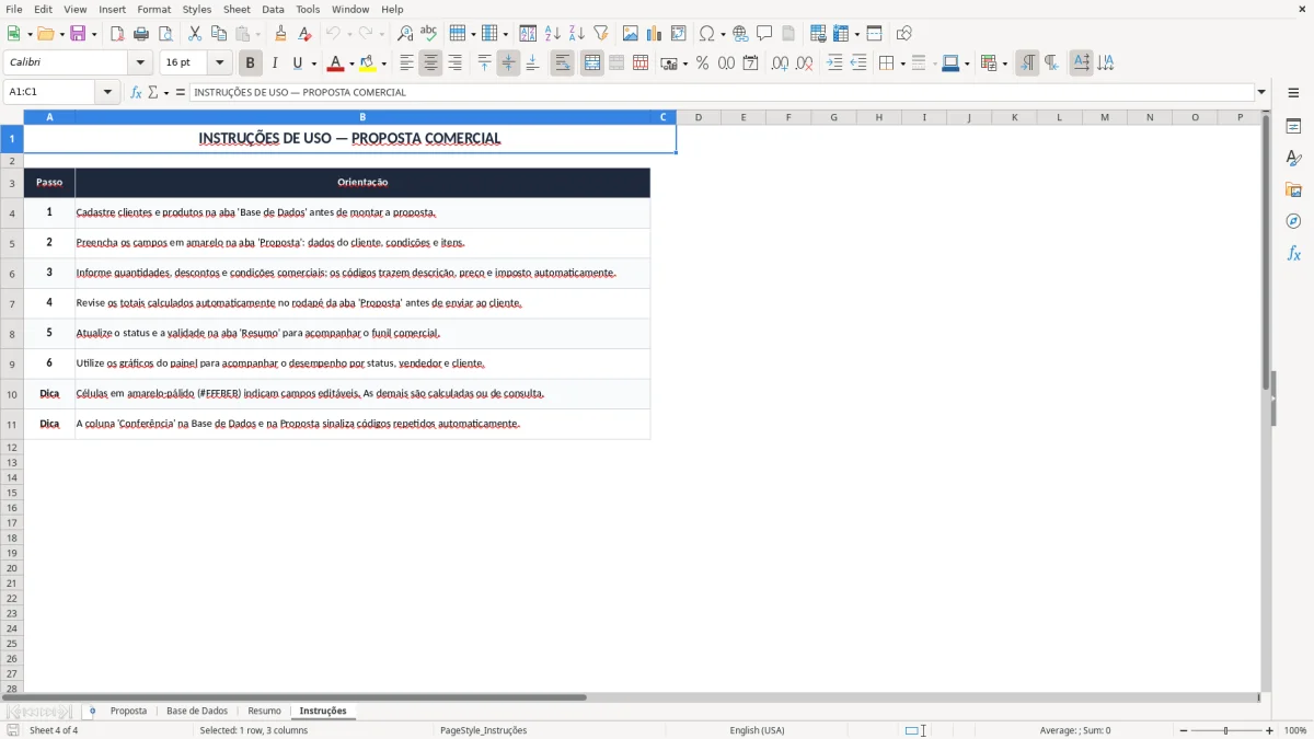 Captura 4: aba Instruções - Planilha Excel proposta comercial