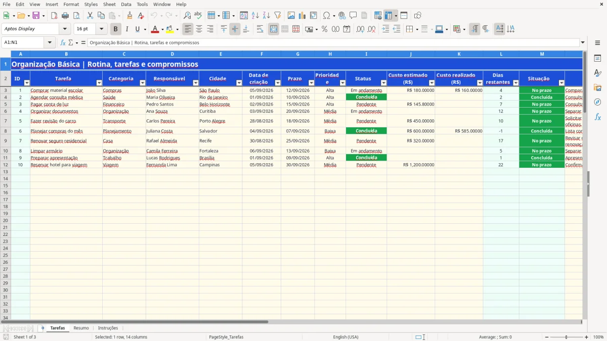 Captura 1: aba Tarefas - Planilha Excel basica