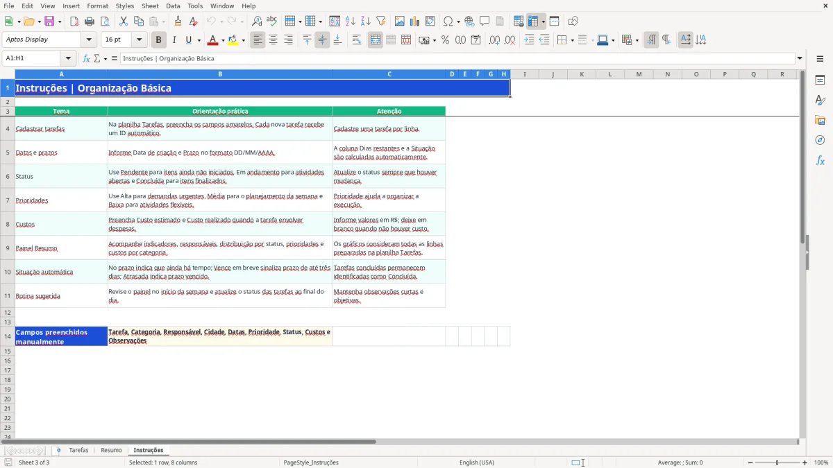 Captura 3: aba Instruções - Planilha Excel basica