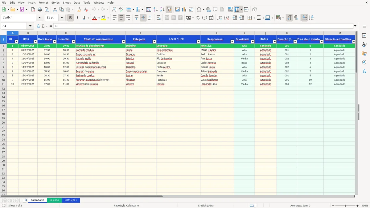 Captura 1: aba Calendário - Planilha Excel calendario