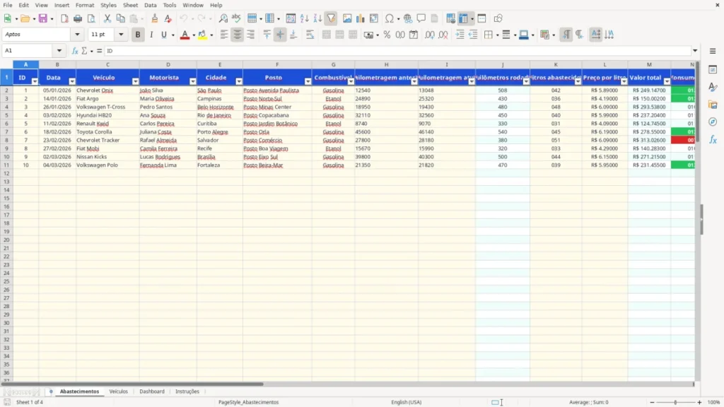 Abastecimentos – Controle de combustível Excel – Planilha grátis (2026)