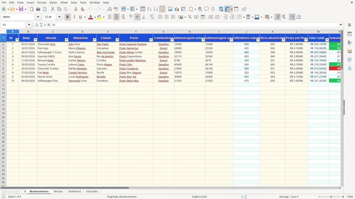 Captura 1: aba Abastecimentos - Planilha Excel controle de combustivel e quilometragem