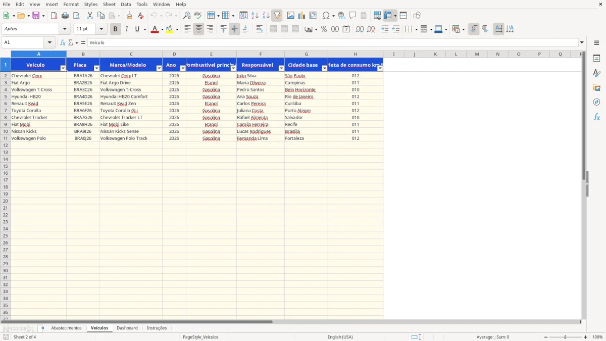 Captura 2: aba Veículos - Planilha Excel controle de combustivel e quilometragem
