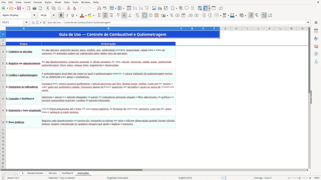 Instruções – Controle de combustível Excel – Planilha grátis (2026)