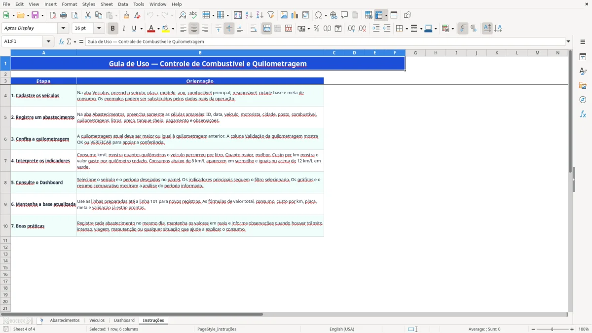 Captura 4: aba Instruções - Planilha Excel controle de combustivel e quilometragem