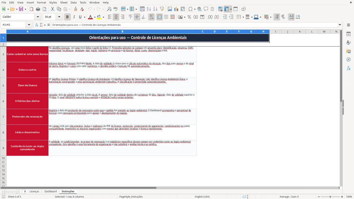 Captura 3: aba Instruções - Planilha Excel controle de licencas ambientais