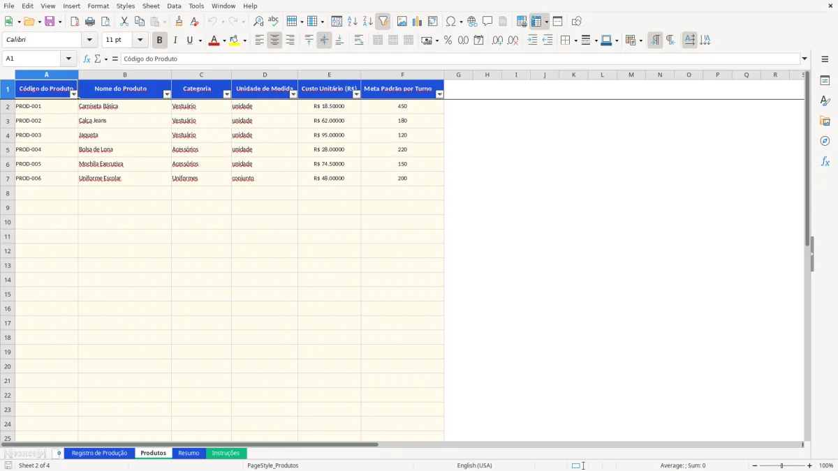Captura 2: aba Produtos - Planilha Excel controle de producao