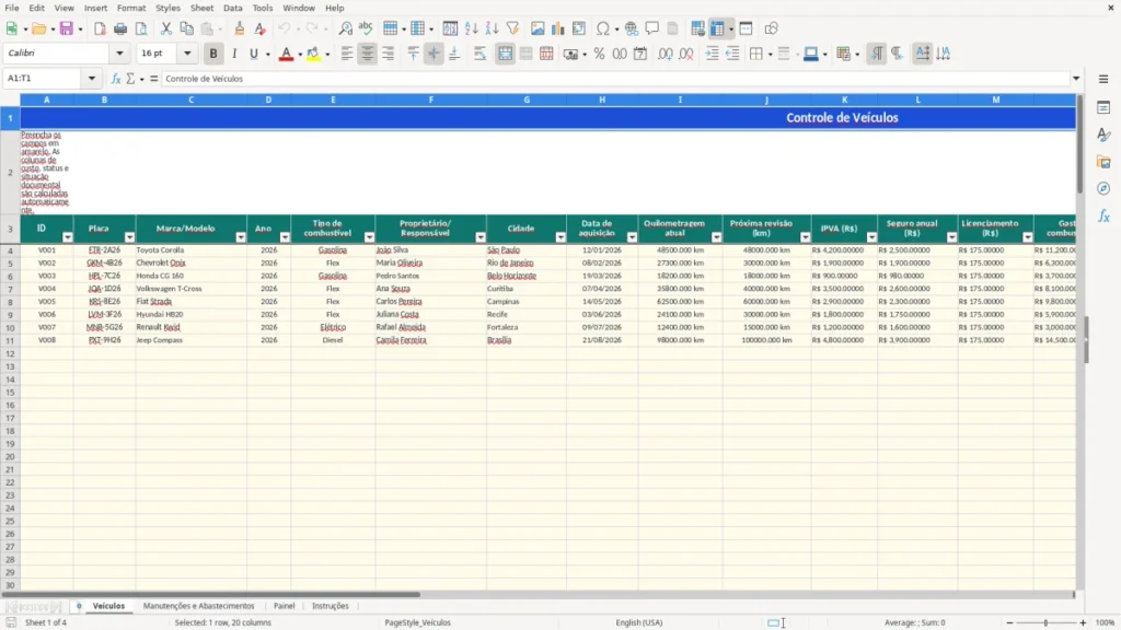 Veículos – Controle de veículos Excel – Planilha grátis (2026)