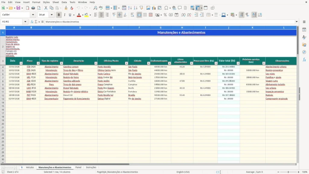 Manutenções e Abastecimentos – Controle de veículos Excel – Planilha grátis (2026)