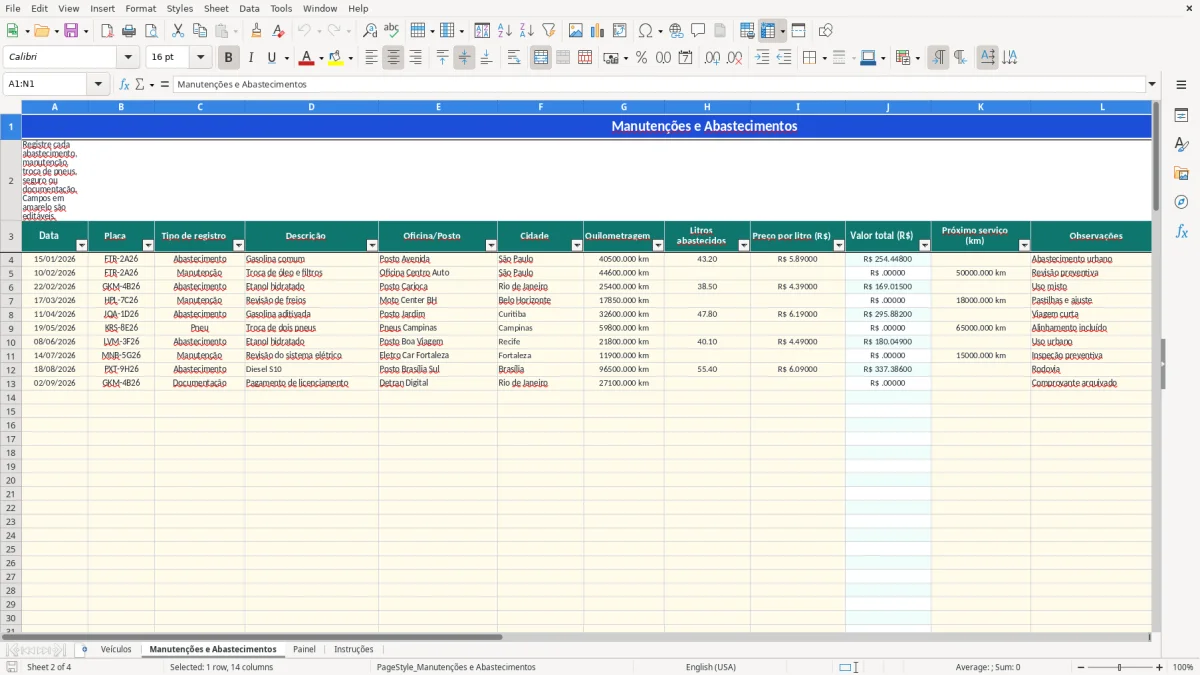 Captura 2: aba Manutenções e Abastecimentos - Planilha Excel controle de veiculos