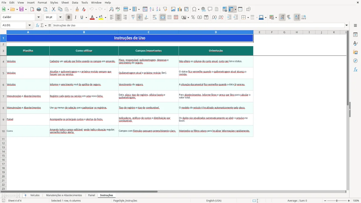 Captura 4: aba Instruções - Planilha Excel controle de veiculos