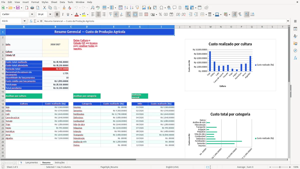 Captura 2: aba Resumo - Planilha Excel custo de producao agricola
