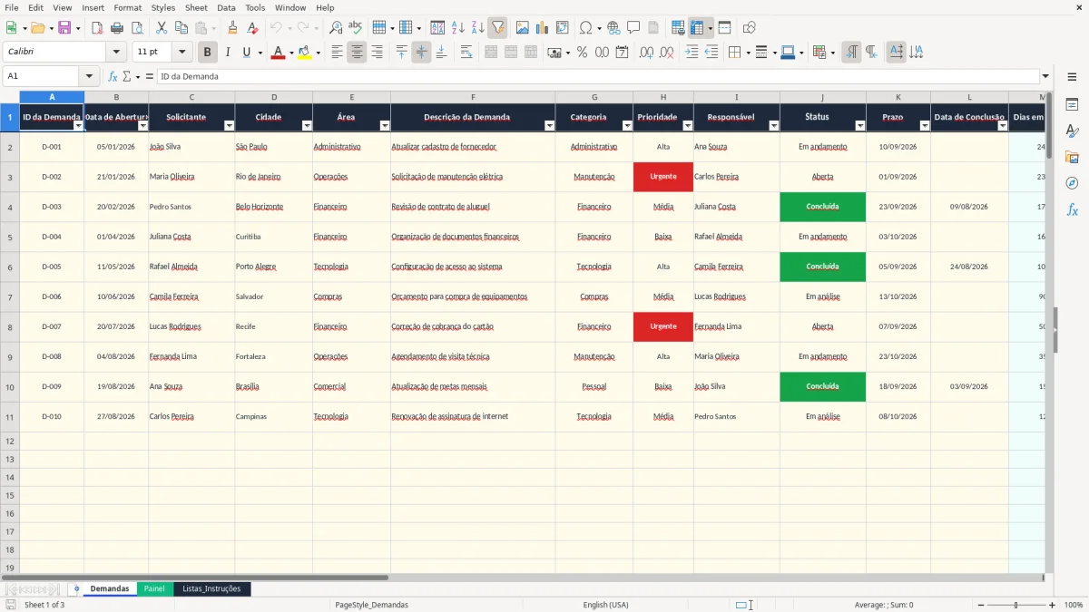 Captura 1: aba Demandas - Planilha Excel demandas