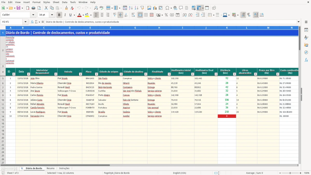 Captura 1: aba Diário de Bordo - Planilha Excel diario de bordo
