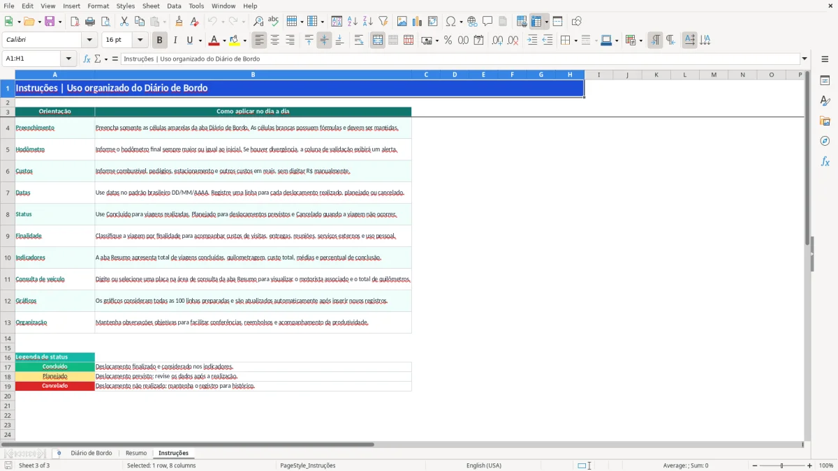 Captura 3: aba Instruções - Planilha Excel diario de bordo