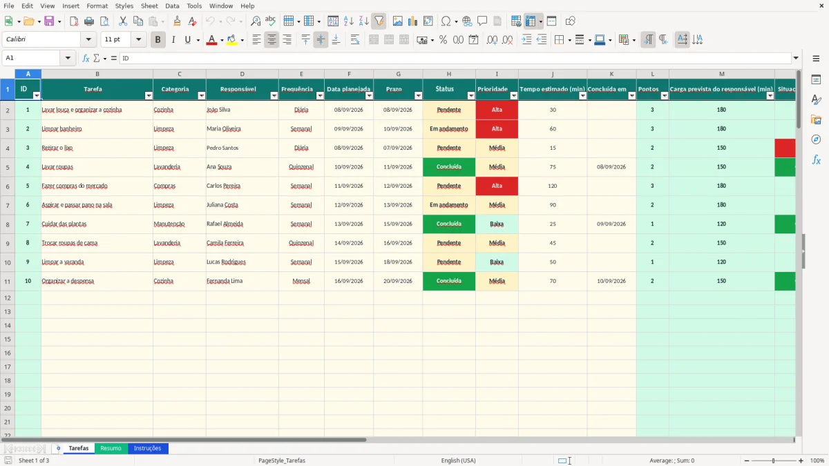 Captura 1: aba Tarefas - Planilha Excel divisao de tarefas domesticas