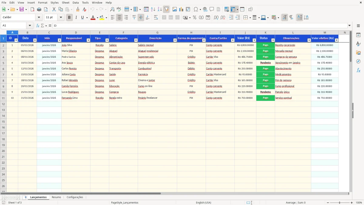Captura 1: aba Lançamentos - Planilha Excel do para controle de gastos