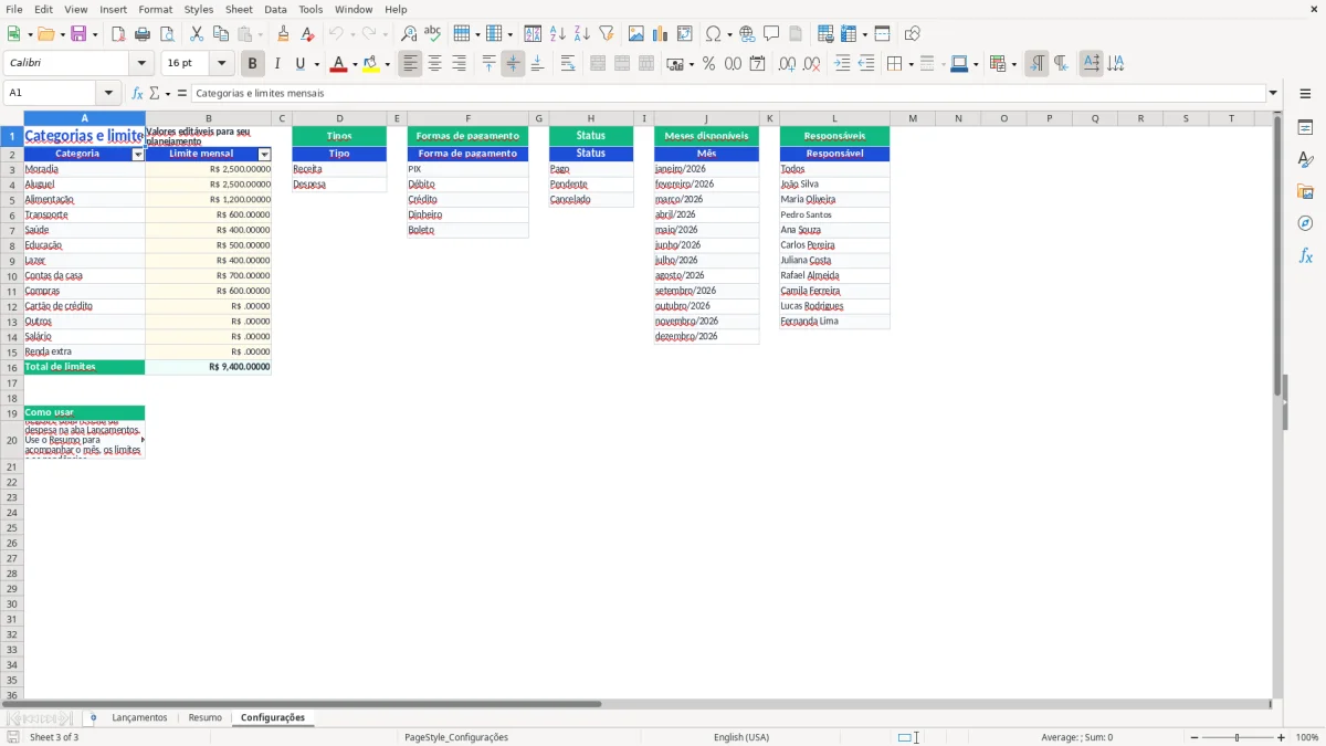 Captura 3: aba Configurações - Planilha Excel do para controle de gastos