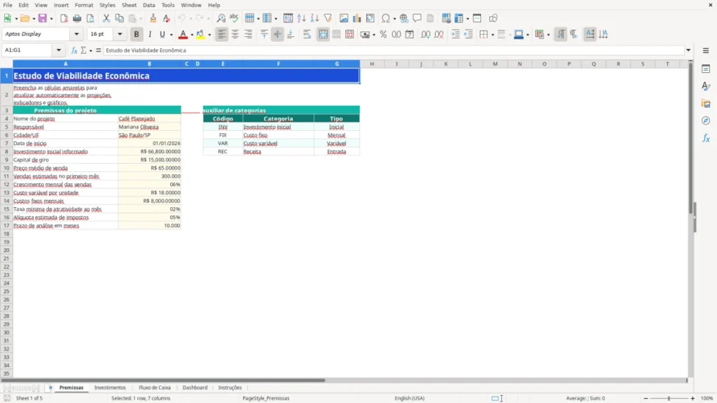 Premissas – Viabilidade Econômica Excel – Planilha Grátis (2026)