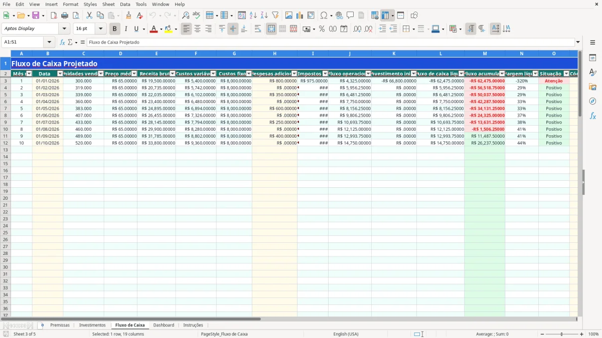 Captura 3: aba Fluxo de Caixa - Planilha Excel estudo de viabilidade economica