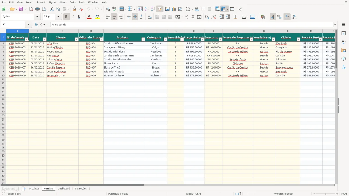Captura 2: aba Vendas - Planilha Excel loja de roupas