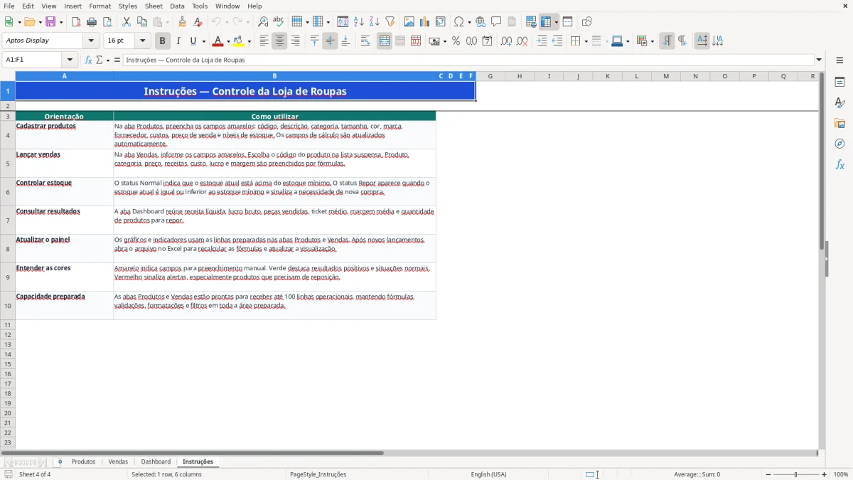 Captura 4: aba Instruções - Planilha Excel loja de roupas