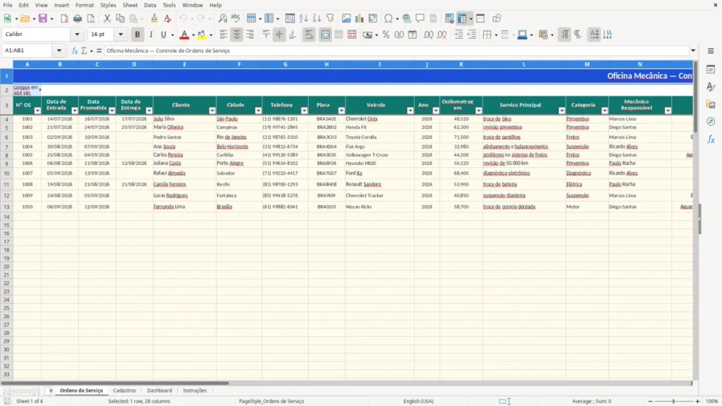 Ordens de Serviço – Oficina Mecânica Excel – Planilha de OS (2026)