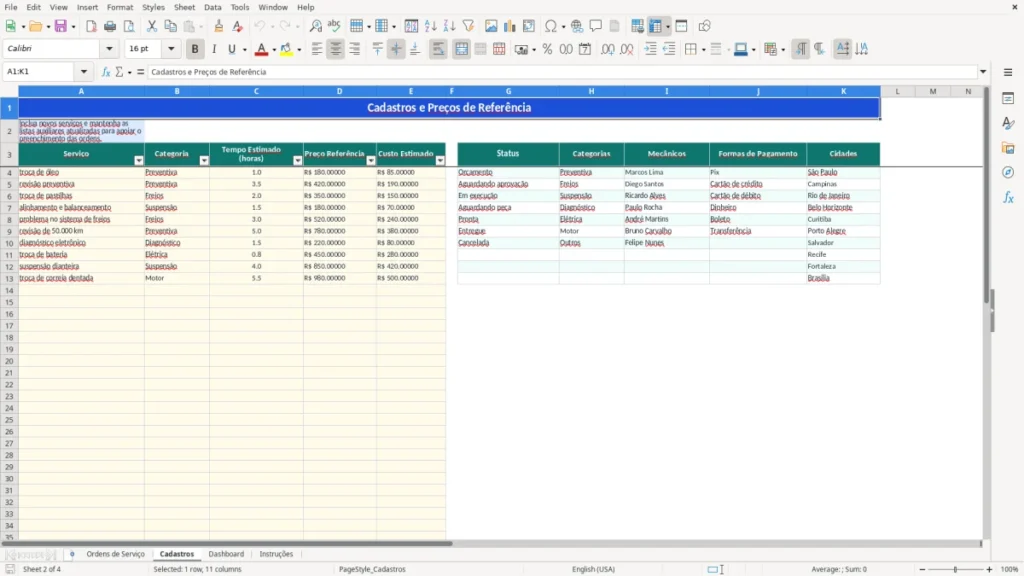 Cadastros – Oficina Mecânica Excel – Planilha de OS (2026)