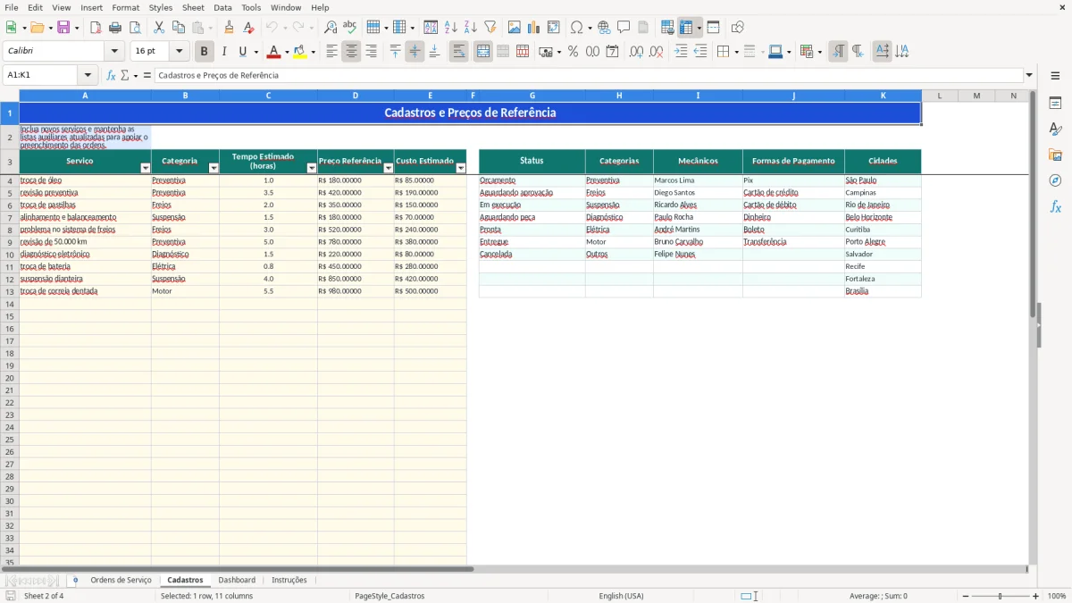 Captura 2: aba Cadastros - Planilha Excel oficina mecanica