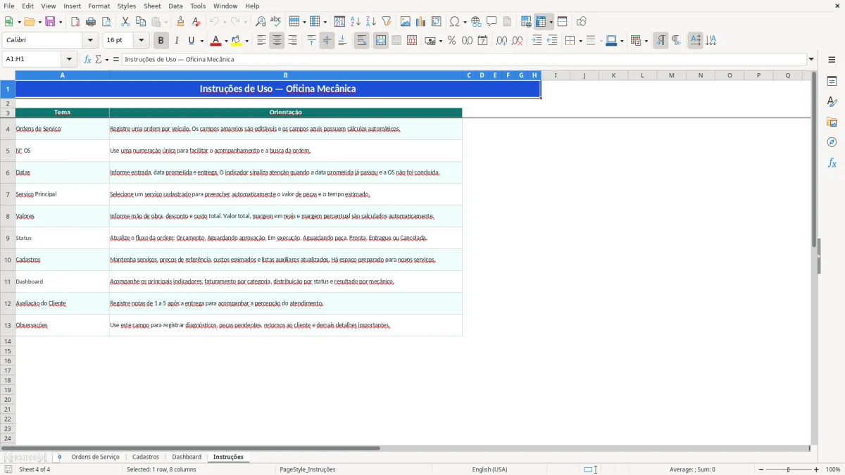 Captura 4: aba Instruções - Planilha Excel oficina mecanica