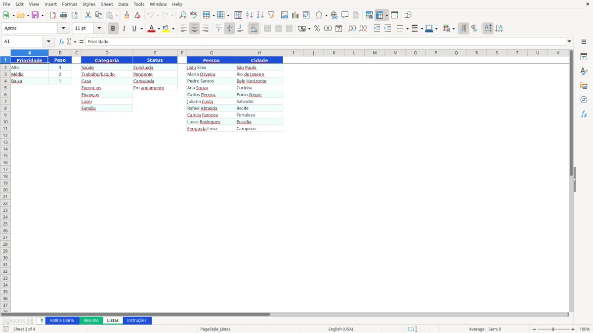 Captura 3: aba Listas - Planilha Excel rotina diaria
