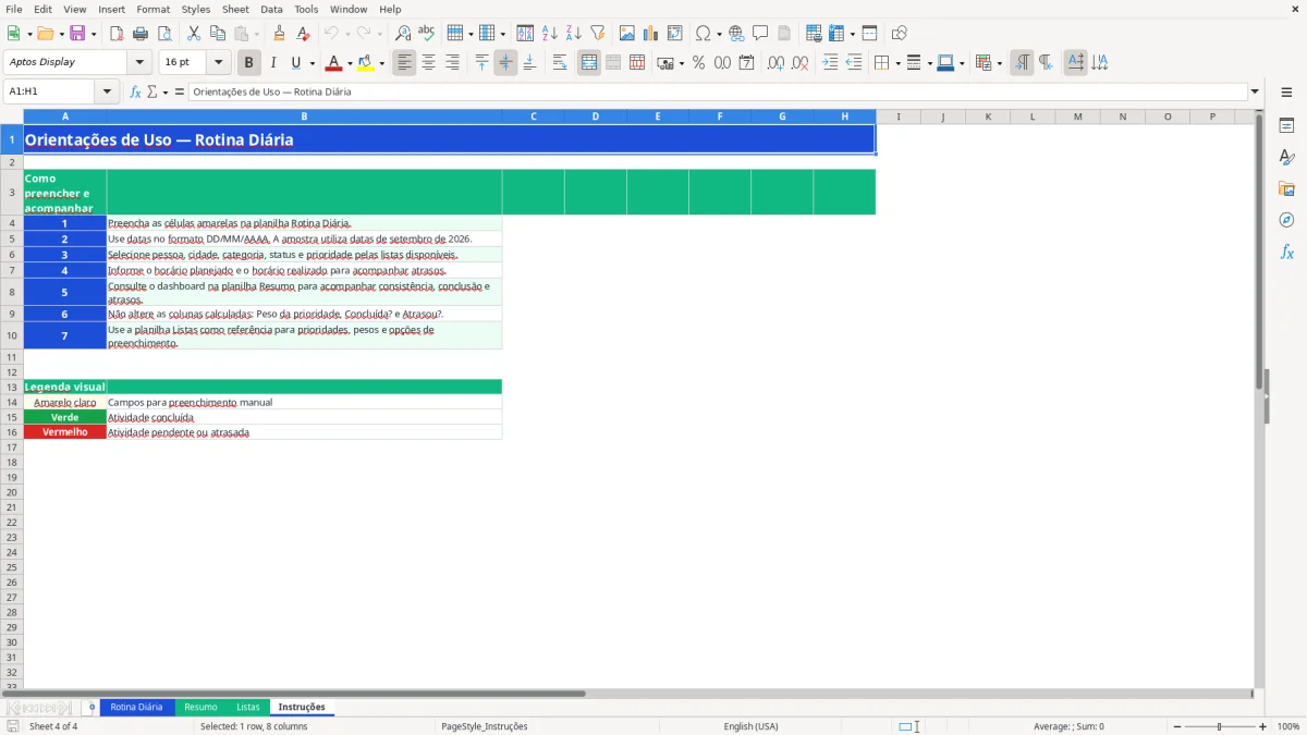 Captura 4: aba Instruções - Planilha Excel rotina diaria