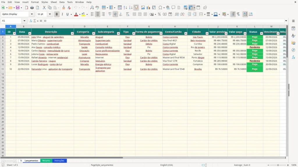 Lançamentos – Gastos pessoais Excel – Planilha grátis (2026)