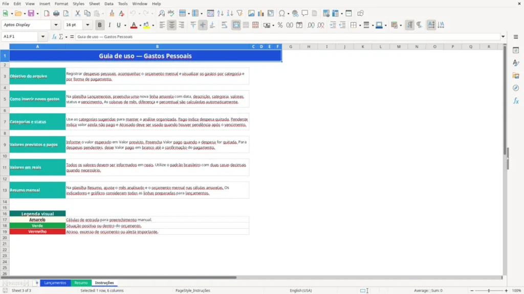 Instruções – Gastos pessoais Excel – Planilha grátis (2026)